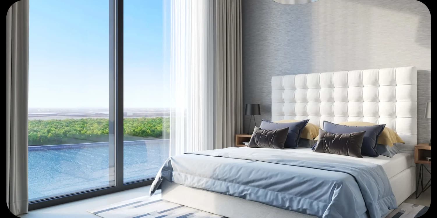 Modern bedroom with pool view and stylish decor