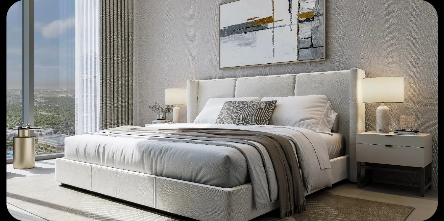 Modern bedroom with a scenic view through large window