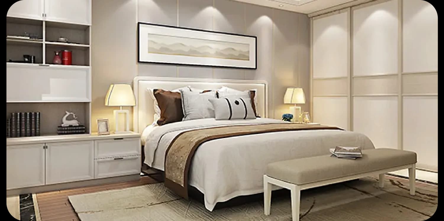 Cozy bedroom with white furniture and soft lighting