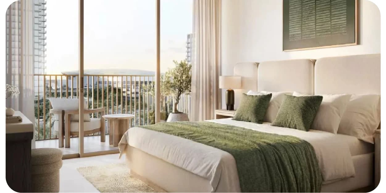 Modern bedroom with green accents and balcony view