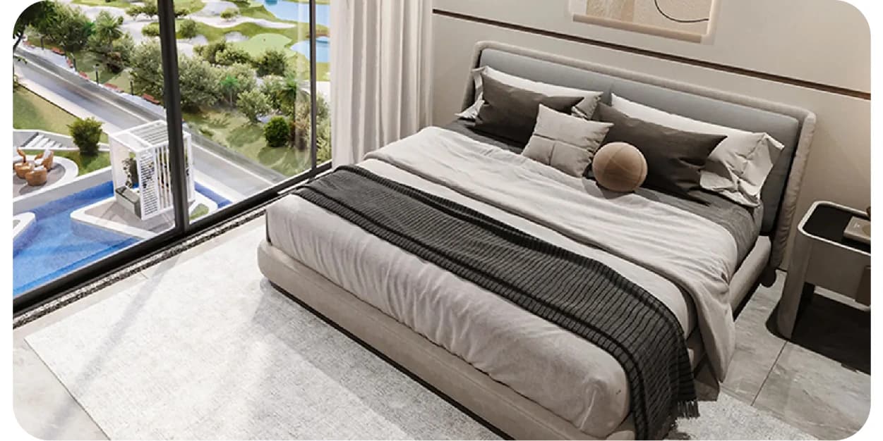 Modern bedroom with stylish decor and beautiful view