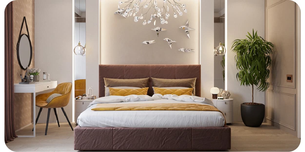 Stylish bedroom with modern decor and warm tones