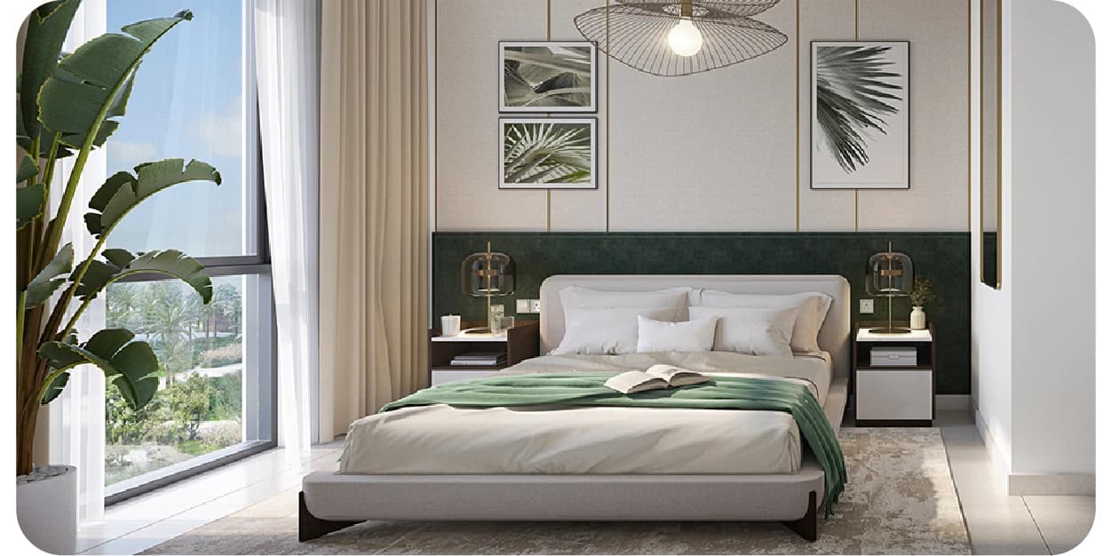 Modern bedroom with stylish decor, green accents, and large windows