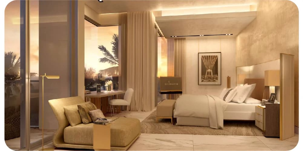 Modern bedroom with city view and balcony, featuring a neon sign
