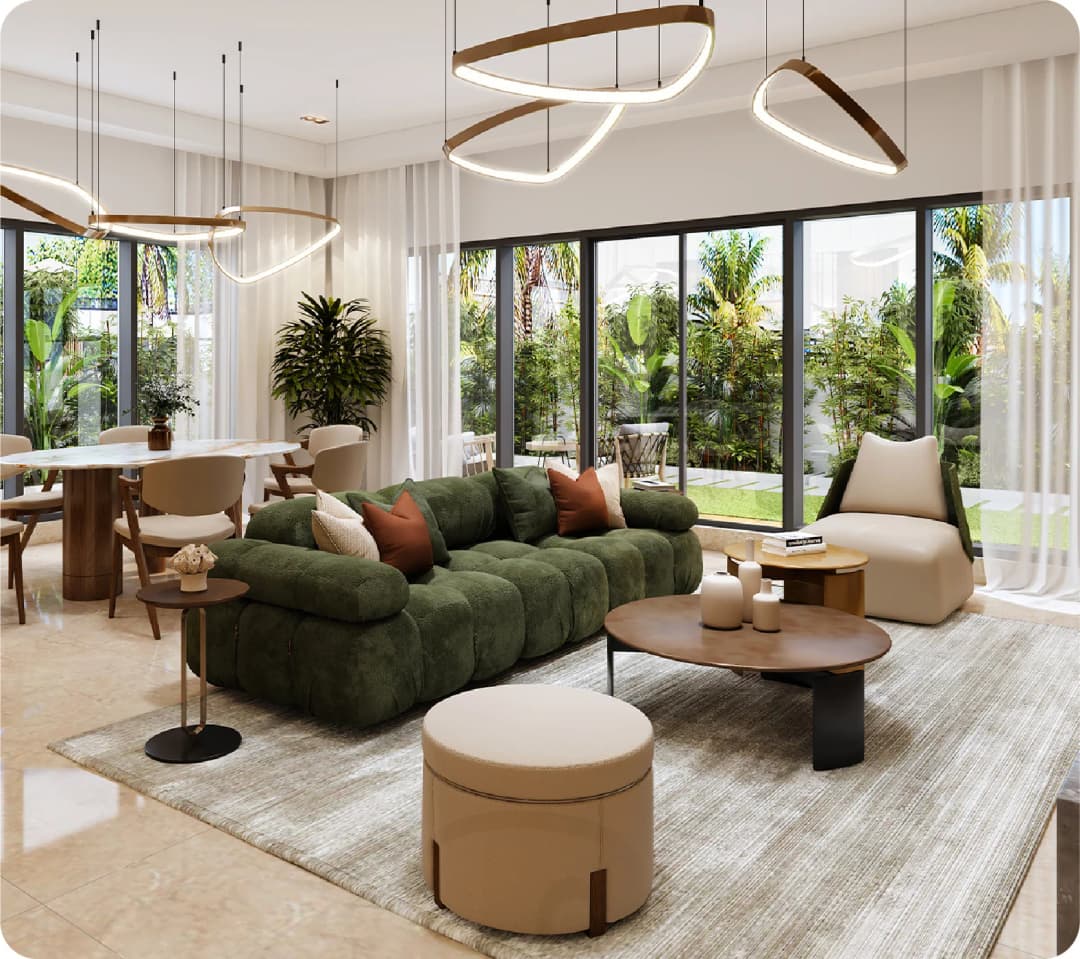 Modern living room with large scenic windows