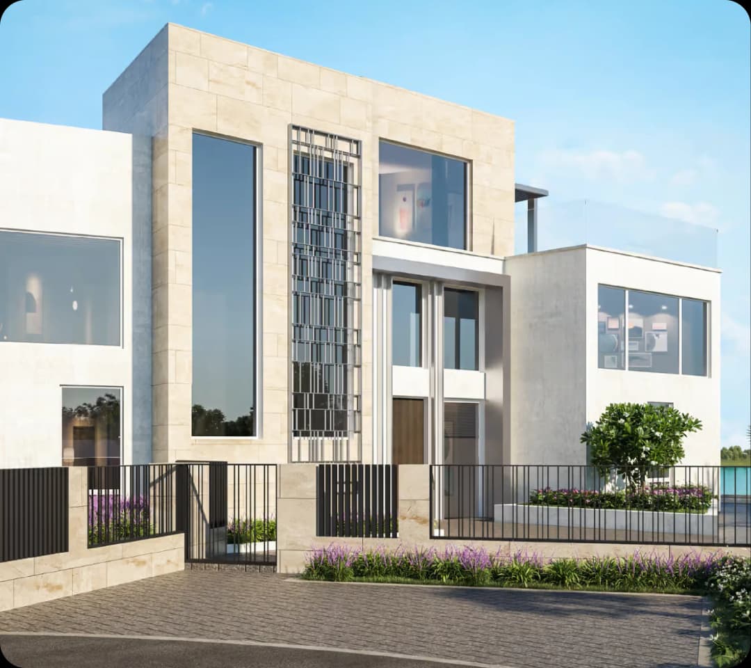 A modern, multi-level villa with large windows