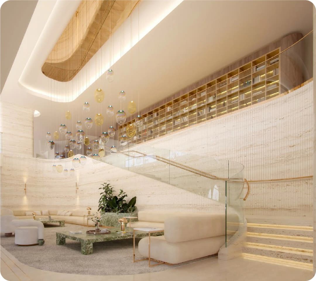 uxurious living room with chandelier and city views