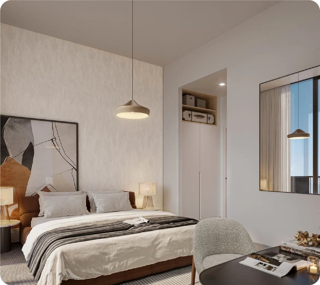 Contemporary apartment complex with scenic city views.