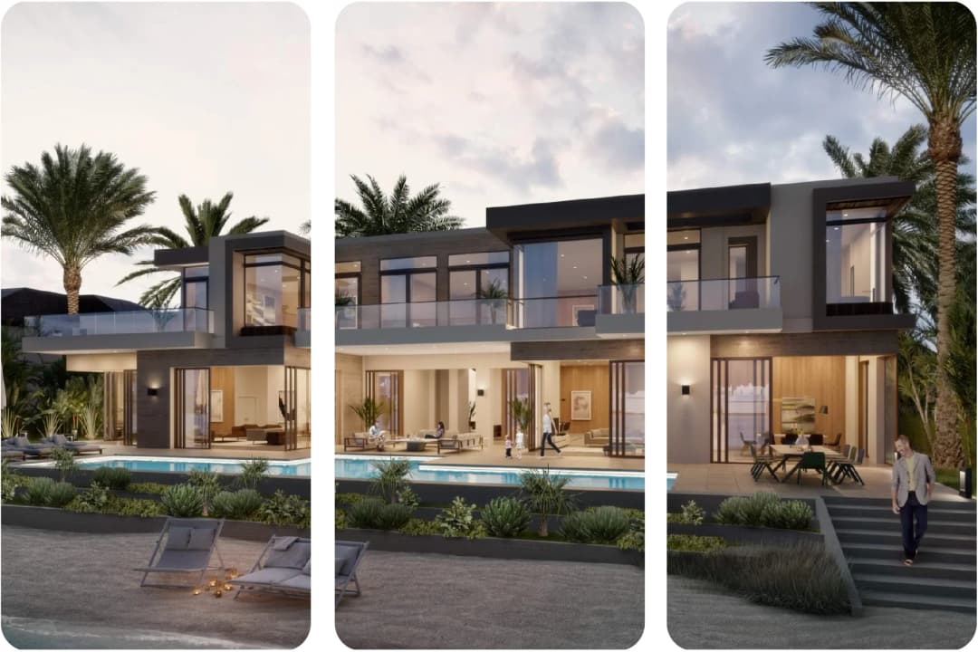 Luxury villa with a modern pool, outdoor seating, and firepit