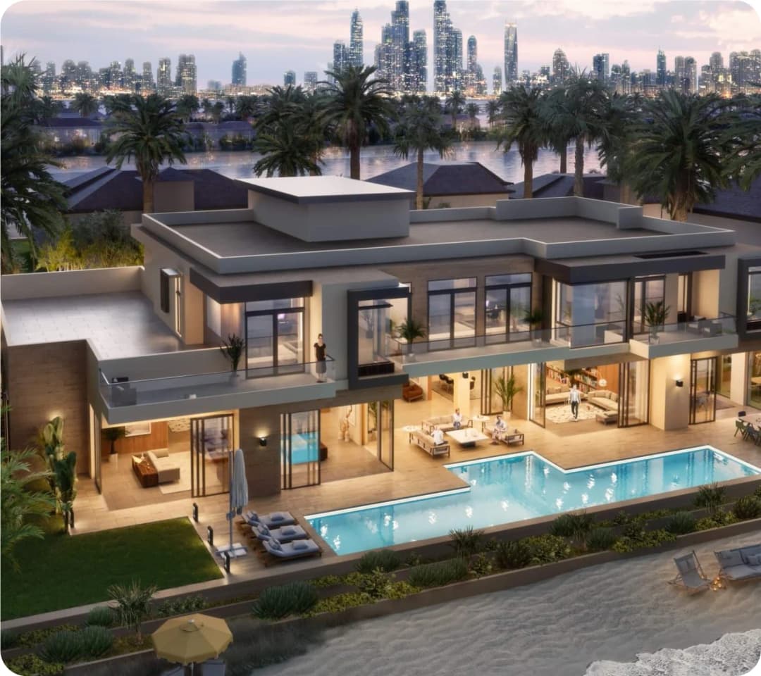 Aerial view of a modern resort with city skyline in the background