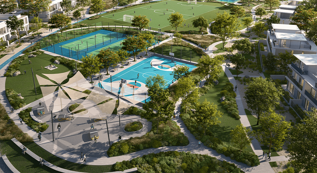 Aerial view of sports courts and green landscape