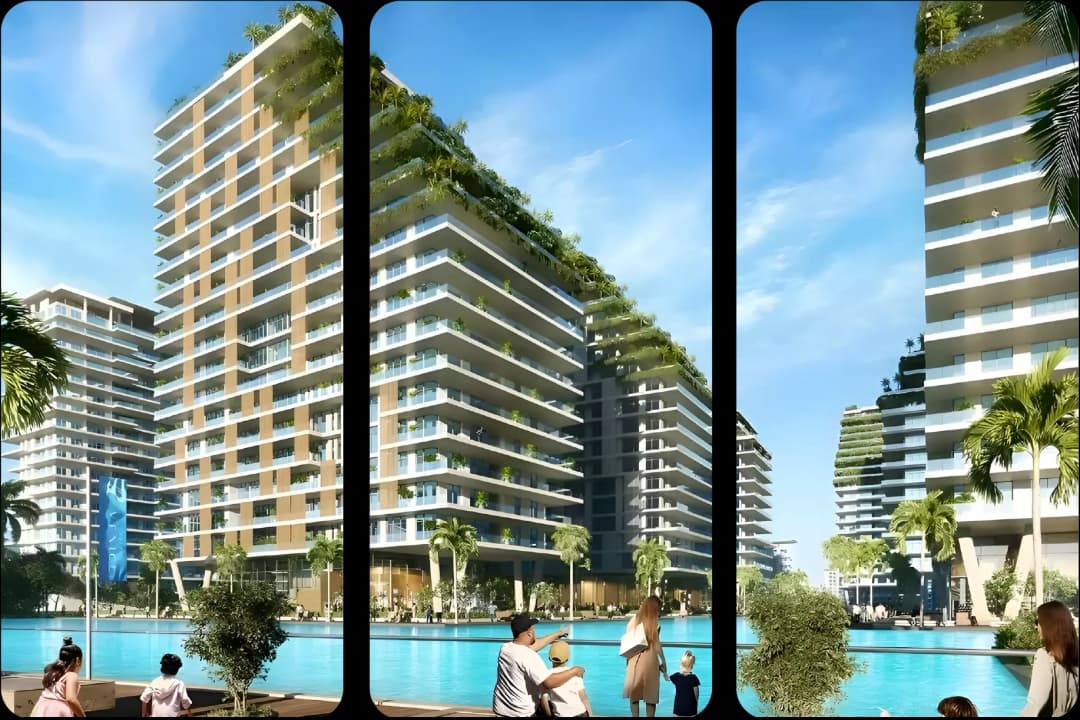 شقق حديثة شاهقة مع شرفات تطل على مسبح