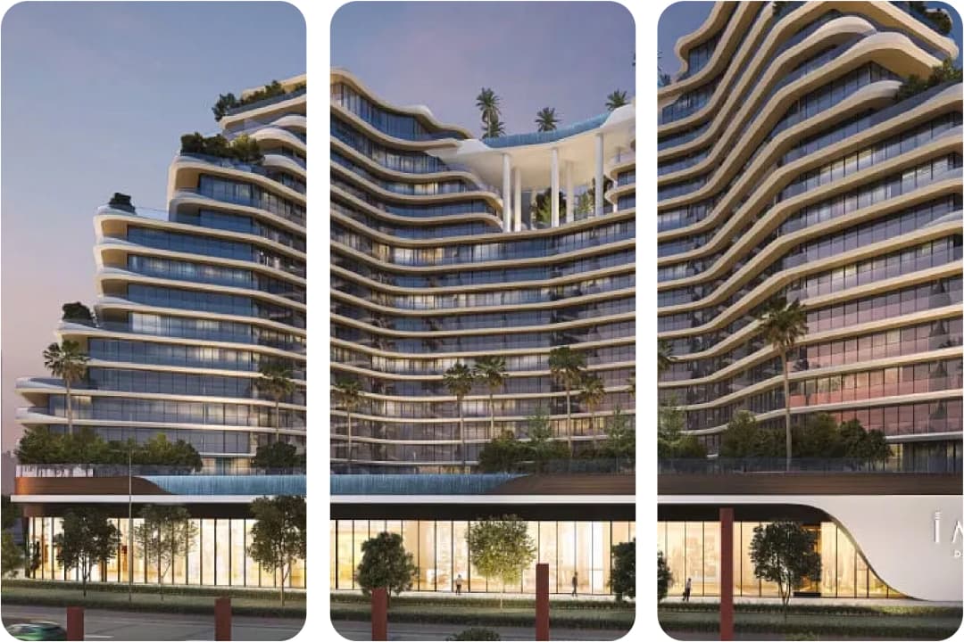 Modern, curved high-rise with many balconies and greenery