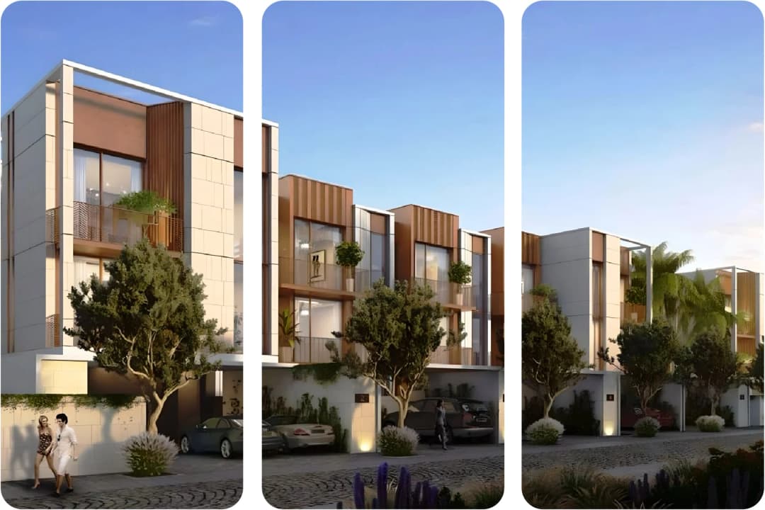مجمع منازل تاون هاوس أنيق بتصميم معماري عصري ومساحات خضراء