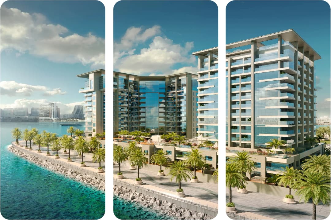 مسكن عصري على الواجهة البحرية مع شرفات وأشجار النخيل