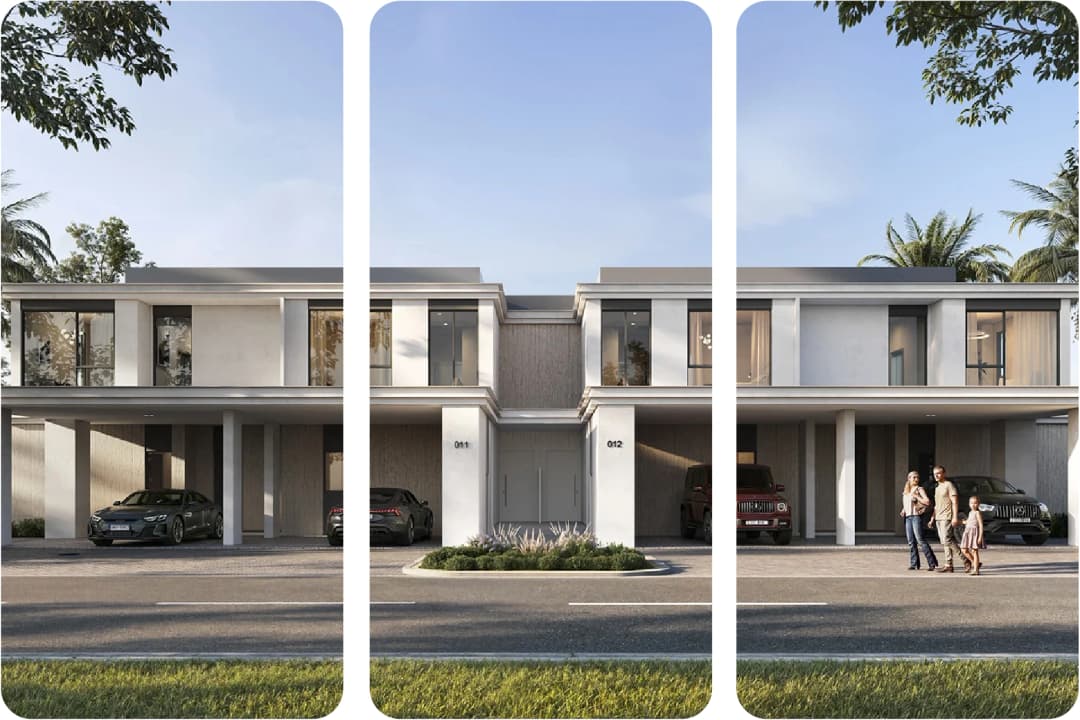 Modern building complex with landscaping and golf views