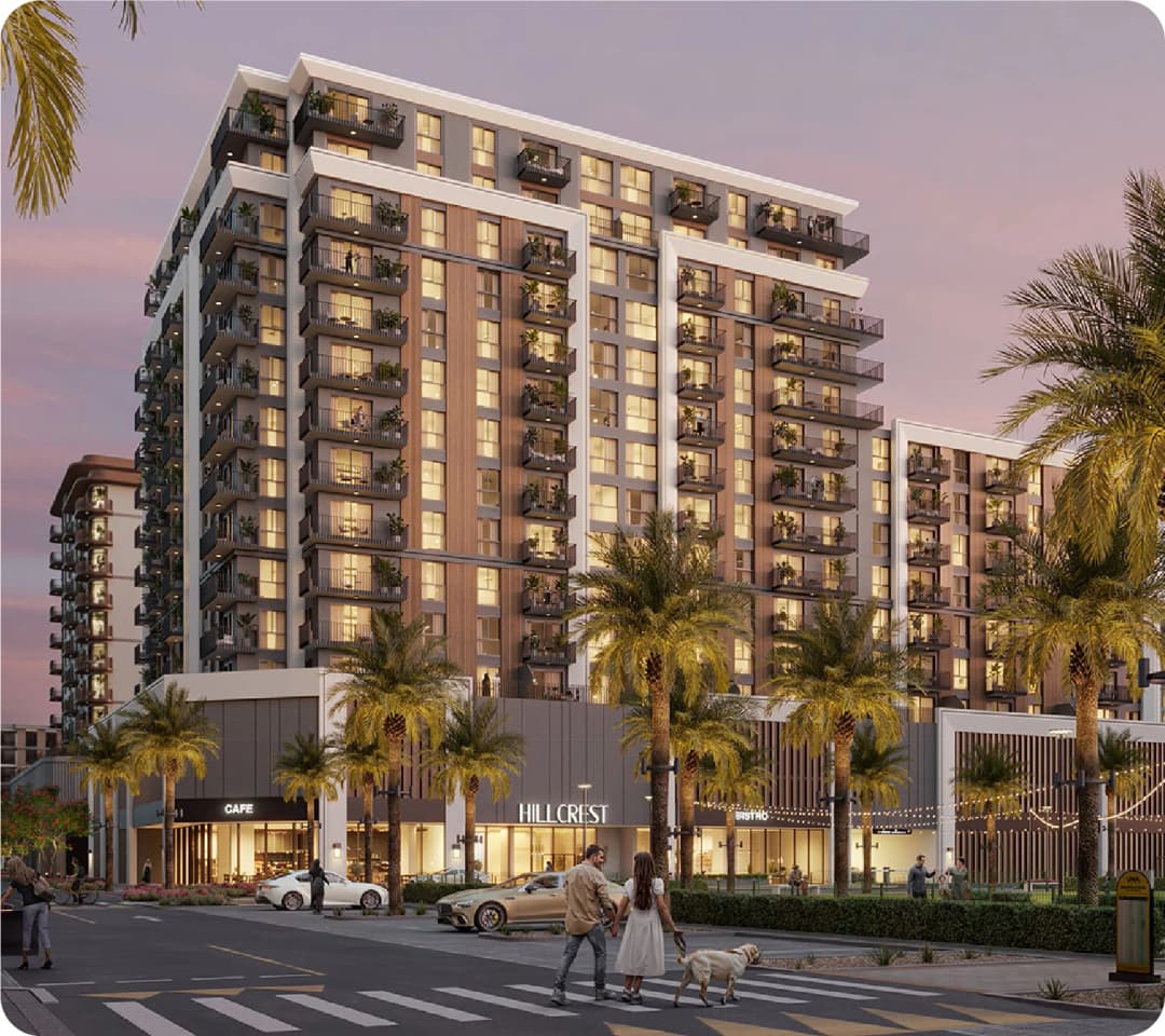 Modern residential building with balconies and palm trees