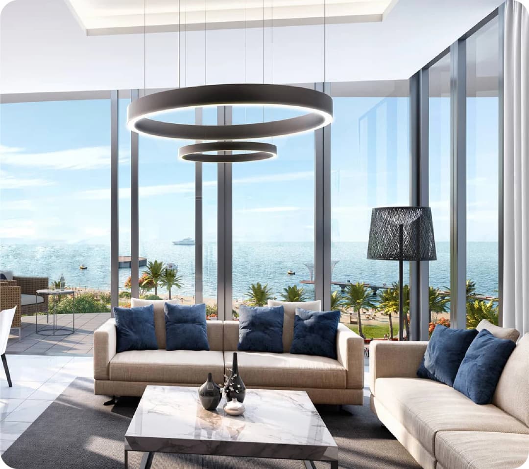 Luxury apartment living room with beach view and modern design