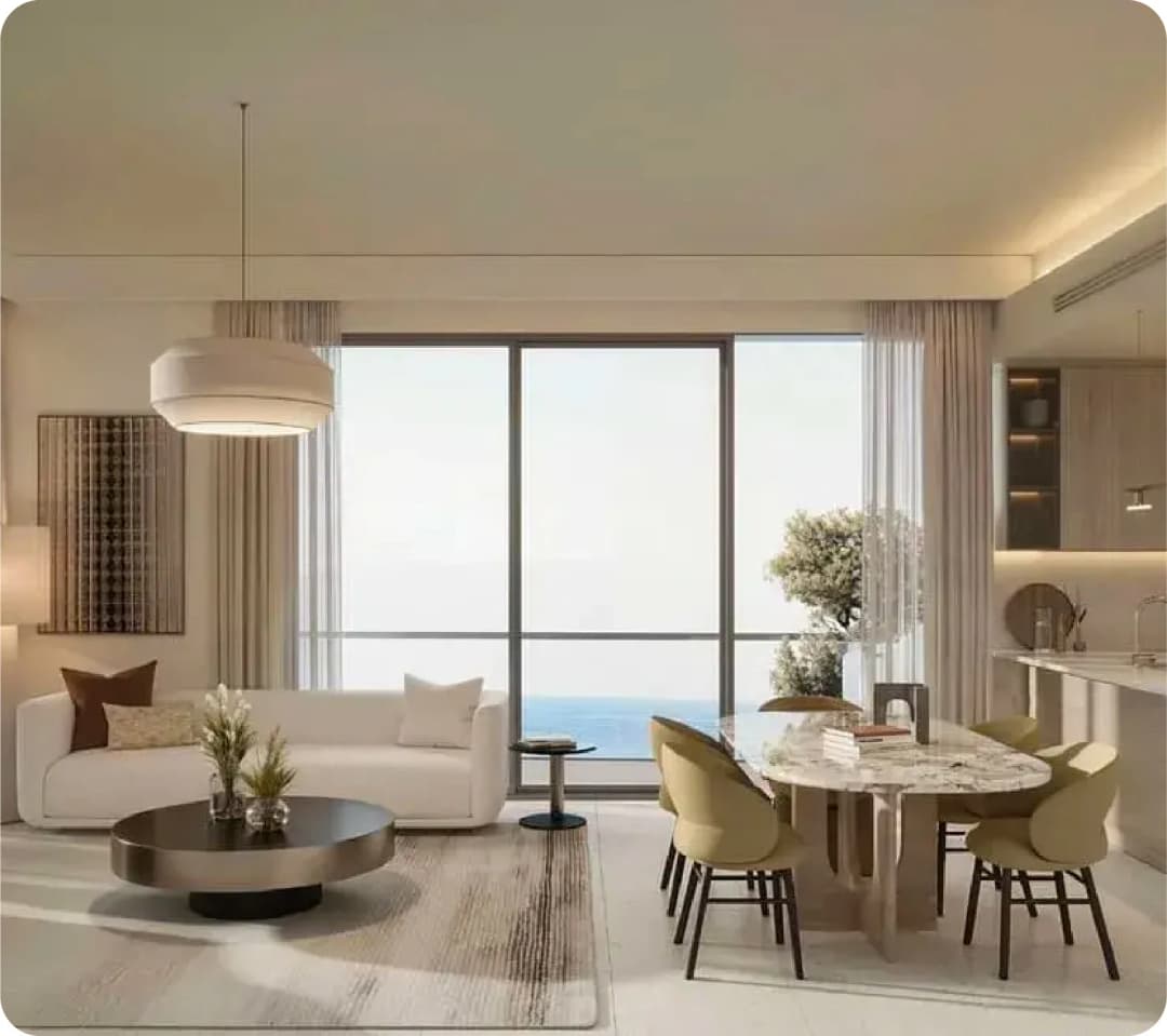 Modern living room with dining area and ocean view