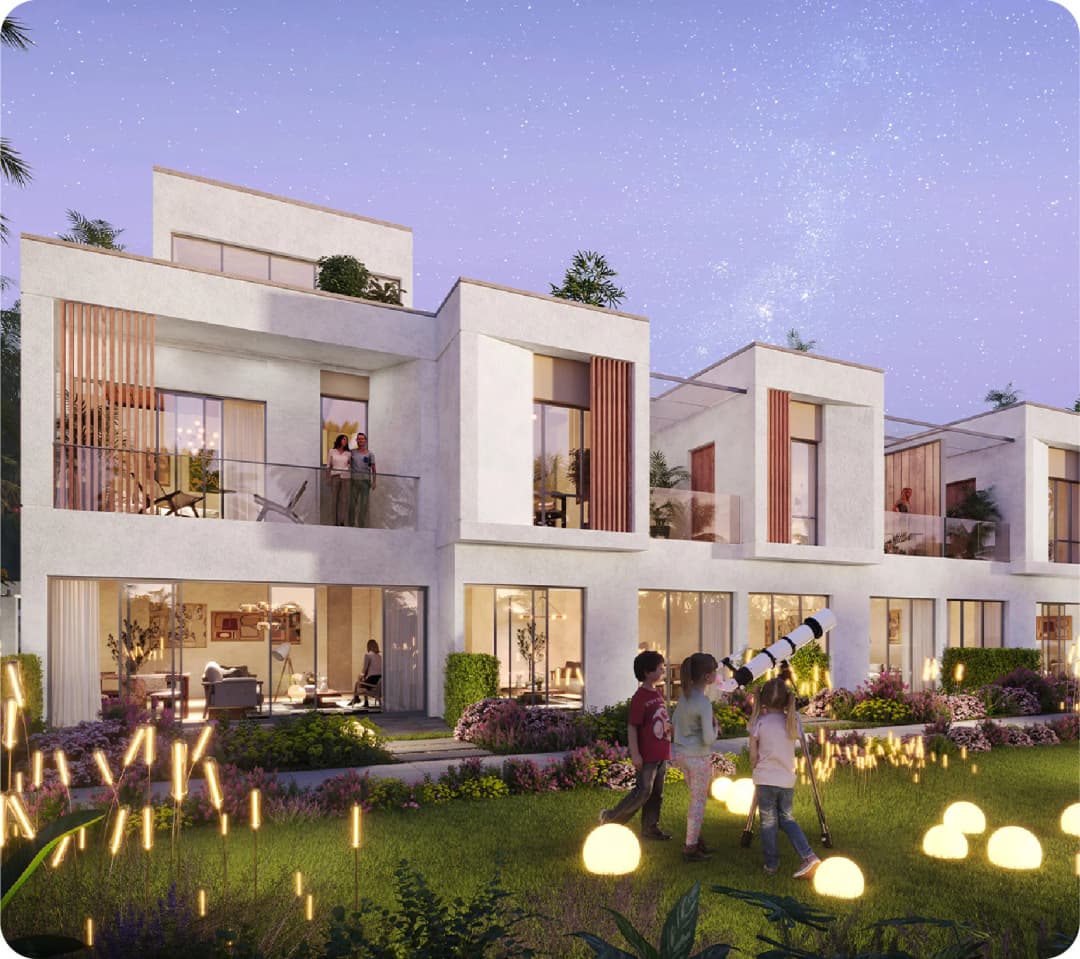 Modern waterfront development with shops, fountains, and people