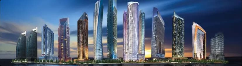 Futuristic skyline of DAMAC Properties skyscrapers at dusk