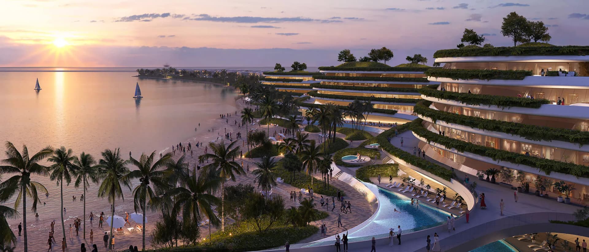 مساكن فاخرة على الواجهة البحرية عند غروب الشمس في دبي