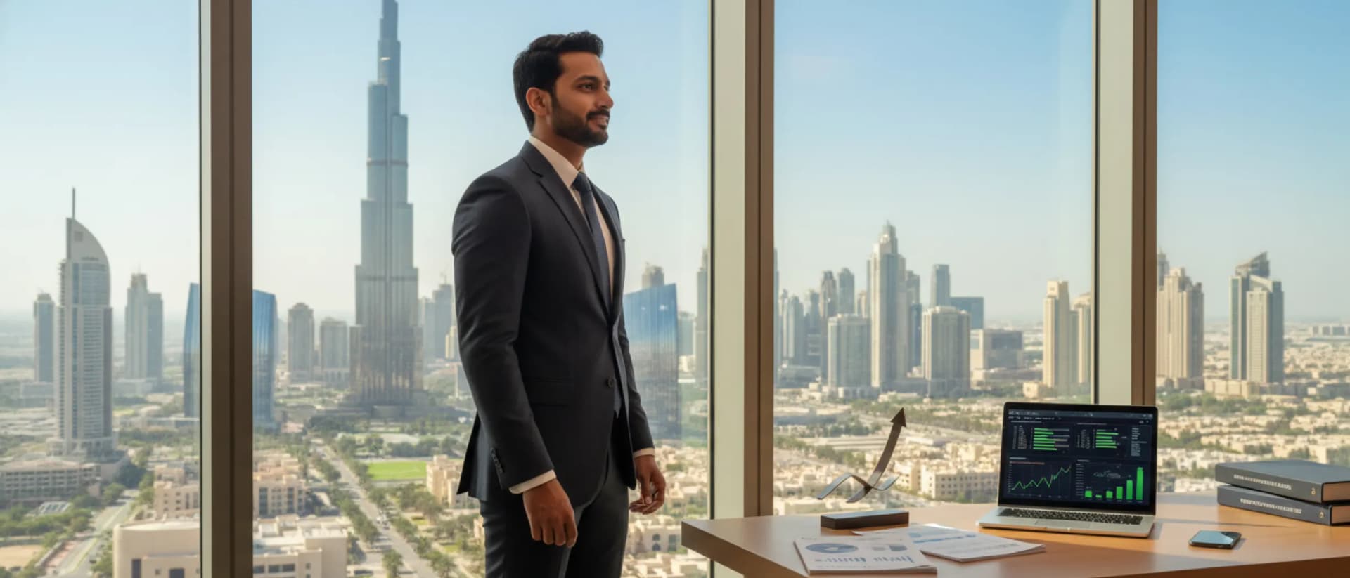 Businessman in Dubai office with Burj Khalifa view