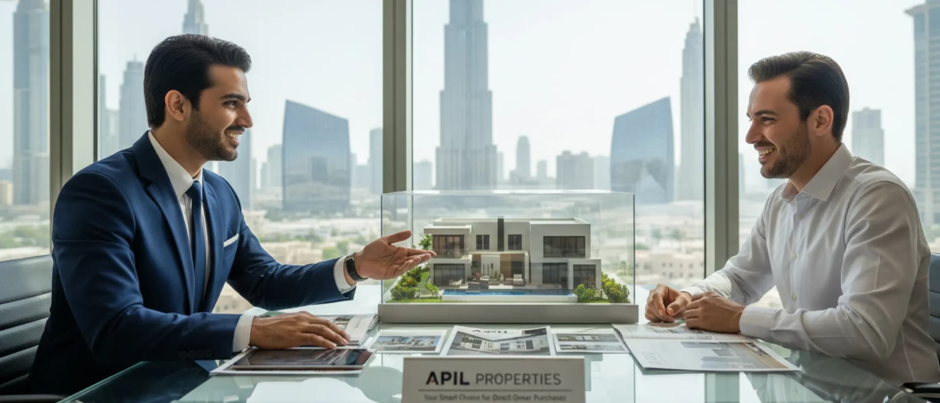 Real estate agents discussing property model Dubai