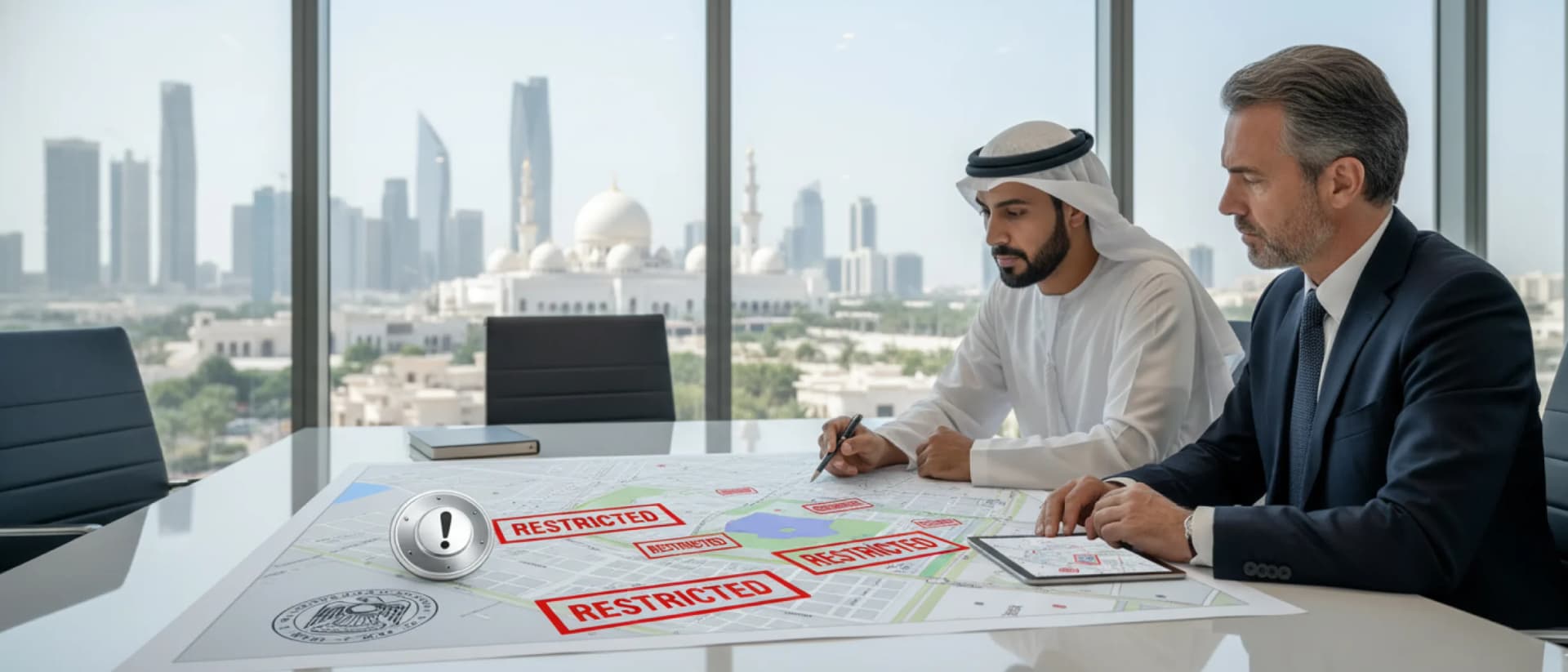 Officials reviewing restricted-zone map in office