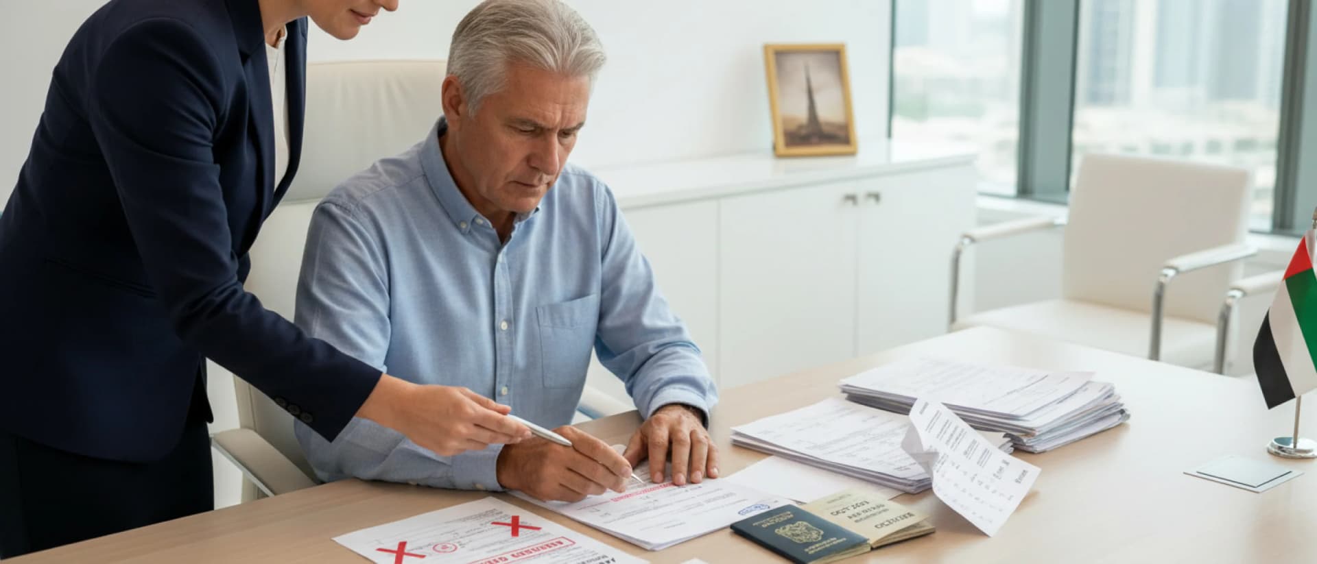 Advisor assisting man with visa paperwork office