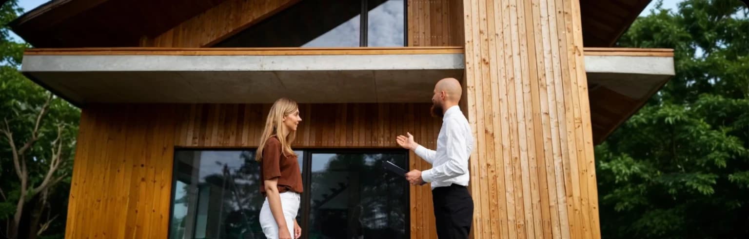 A fair-skinned man and woman stand outside a modern wooden house
