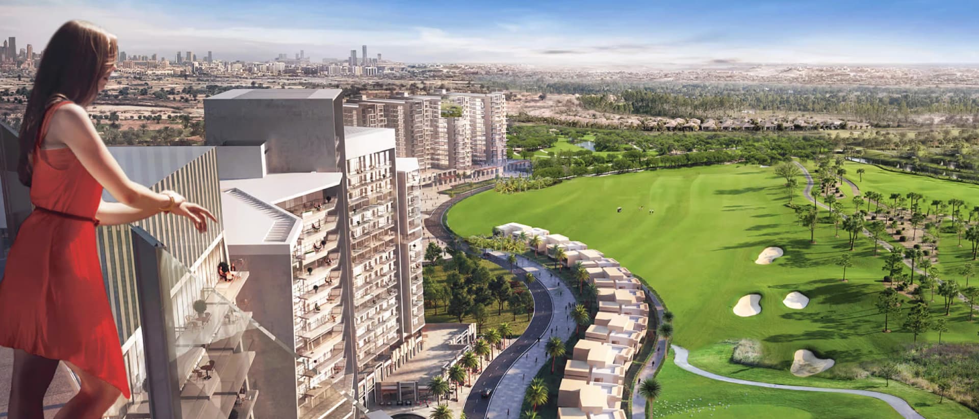 Woman on a balcony overlooking a golf course and city