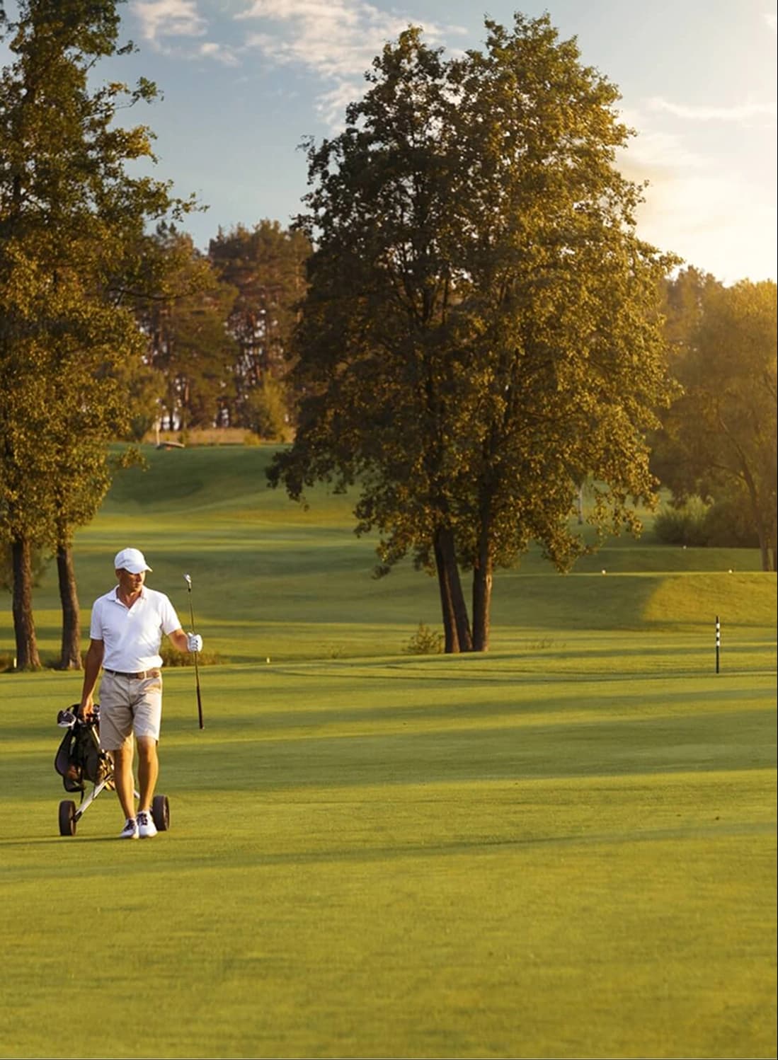 Man walking on green golf course with trees and sunshine