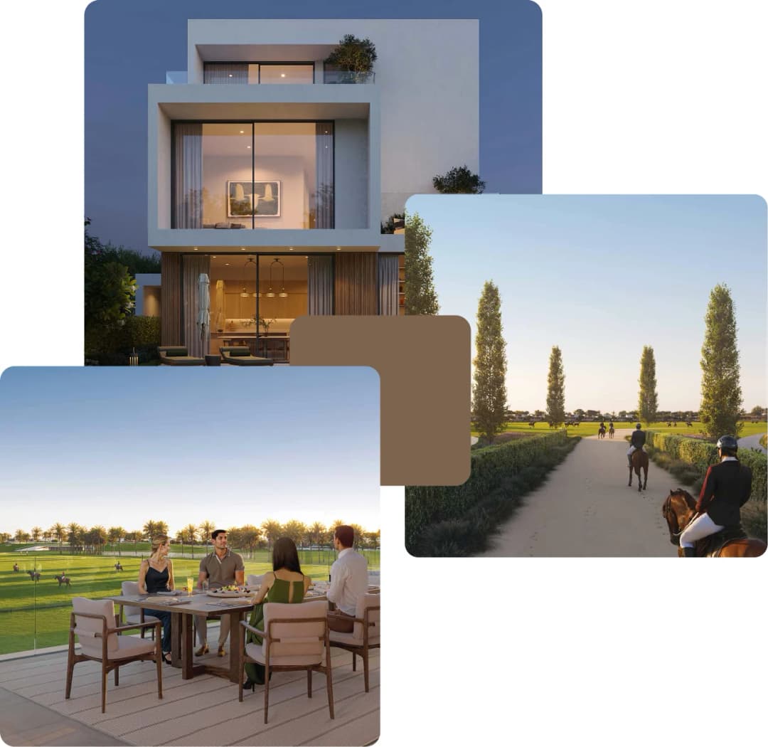 Modern villa, riders on track, and polo field dining
