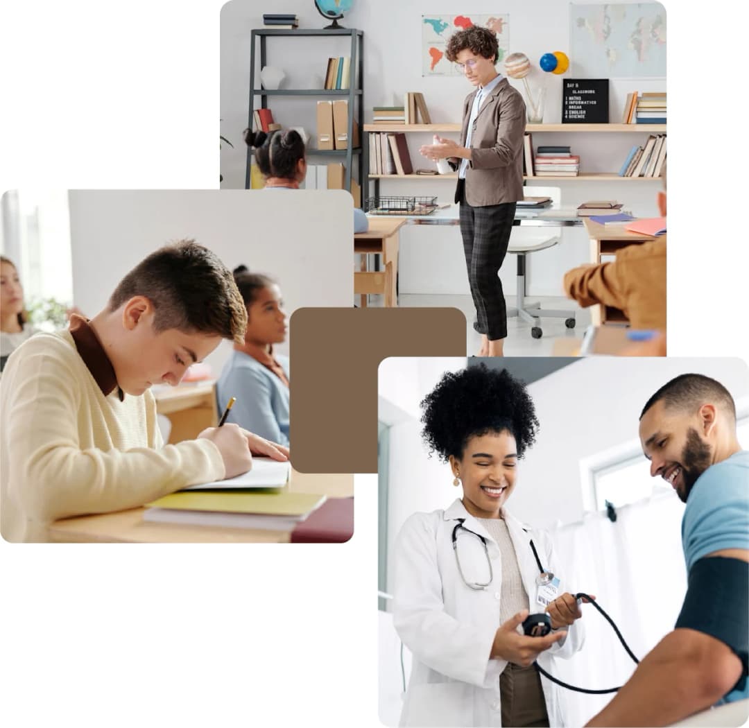 Classroom learning and doctor checking patient BP