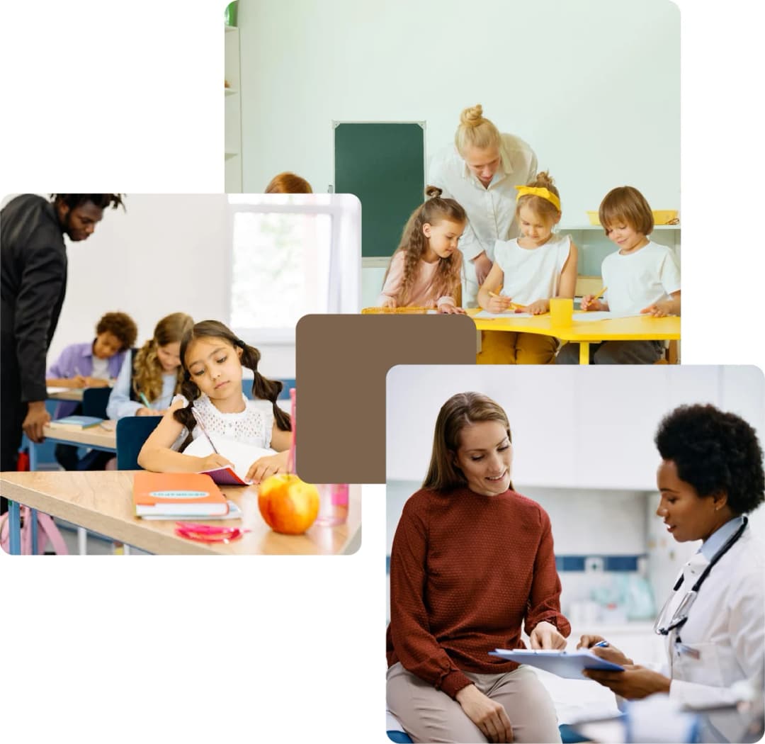 Children learning and doctor consulting patient