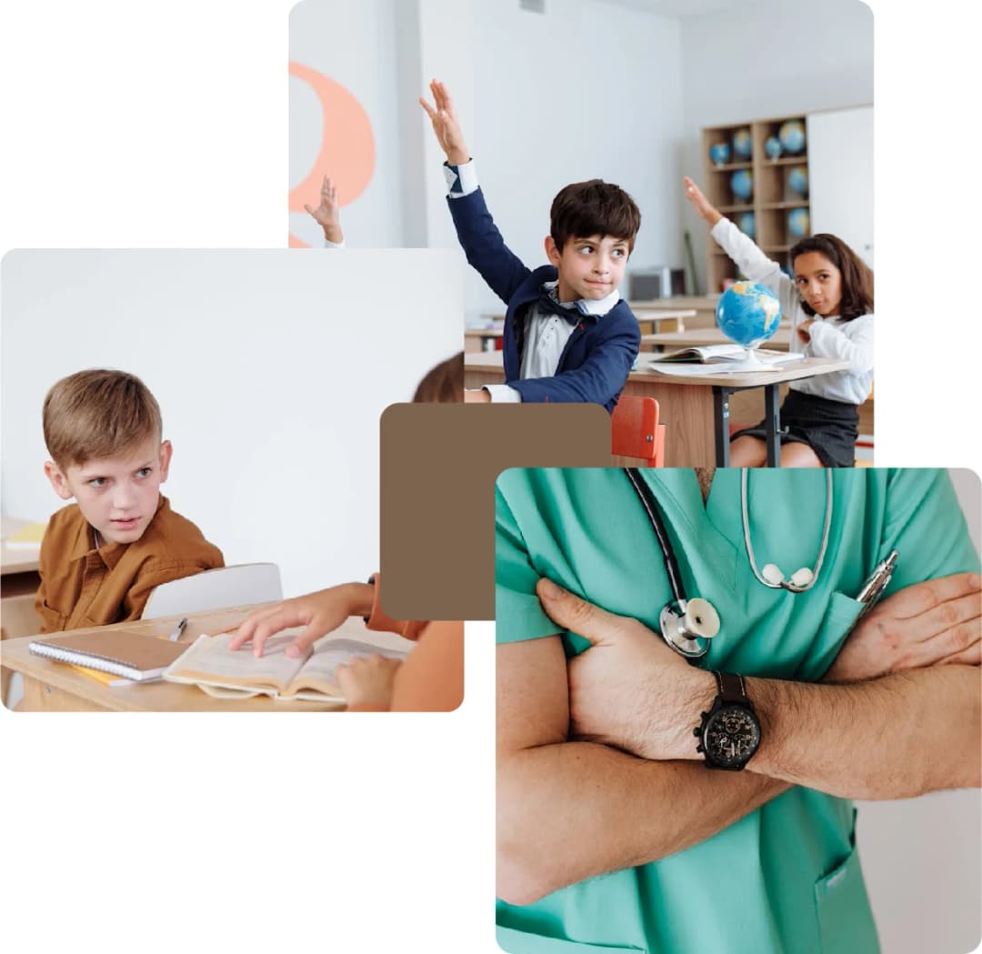 Students learning and doctor in uniform