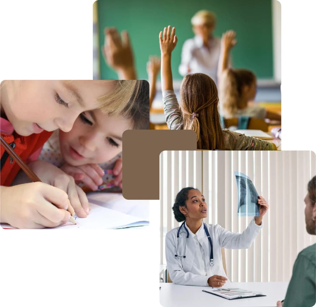 Kids in school and doctor examining X-ray