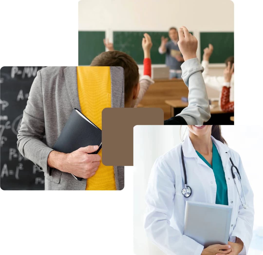 Teachers, students, and female doctor smiling