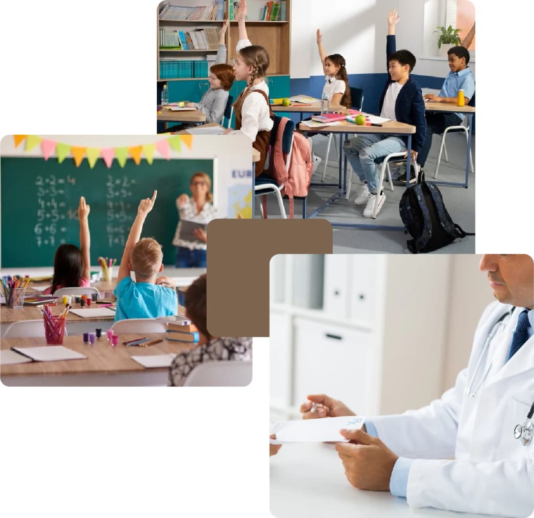 Classroom scenes with students and a doctor visit