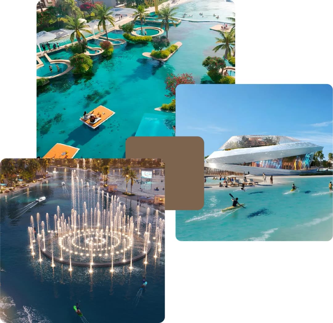 Floating cabanas, fountains, and beach kayaking
