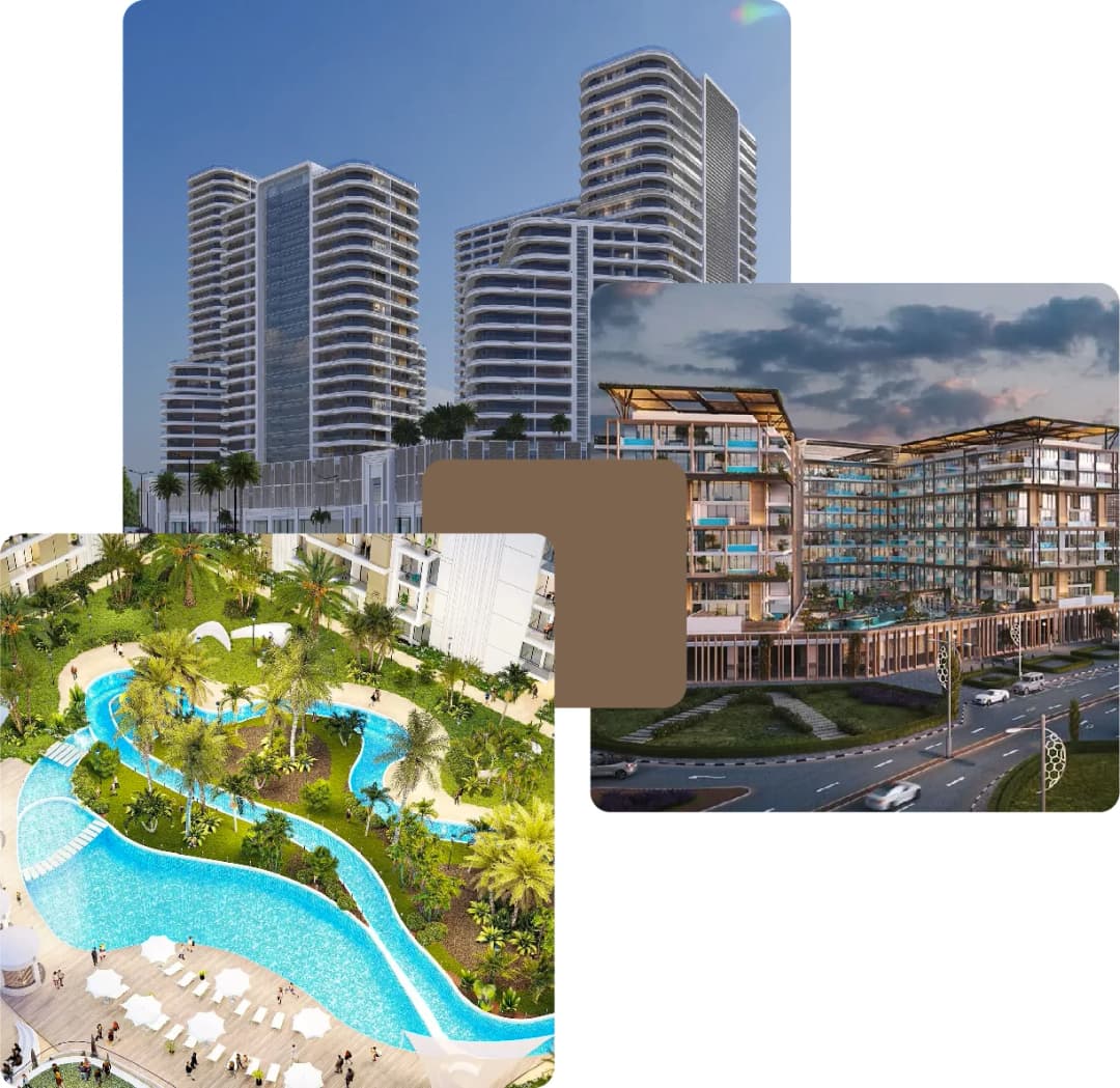 Towers with lagoon-style pools and green space