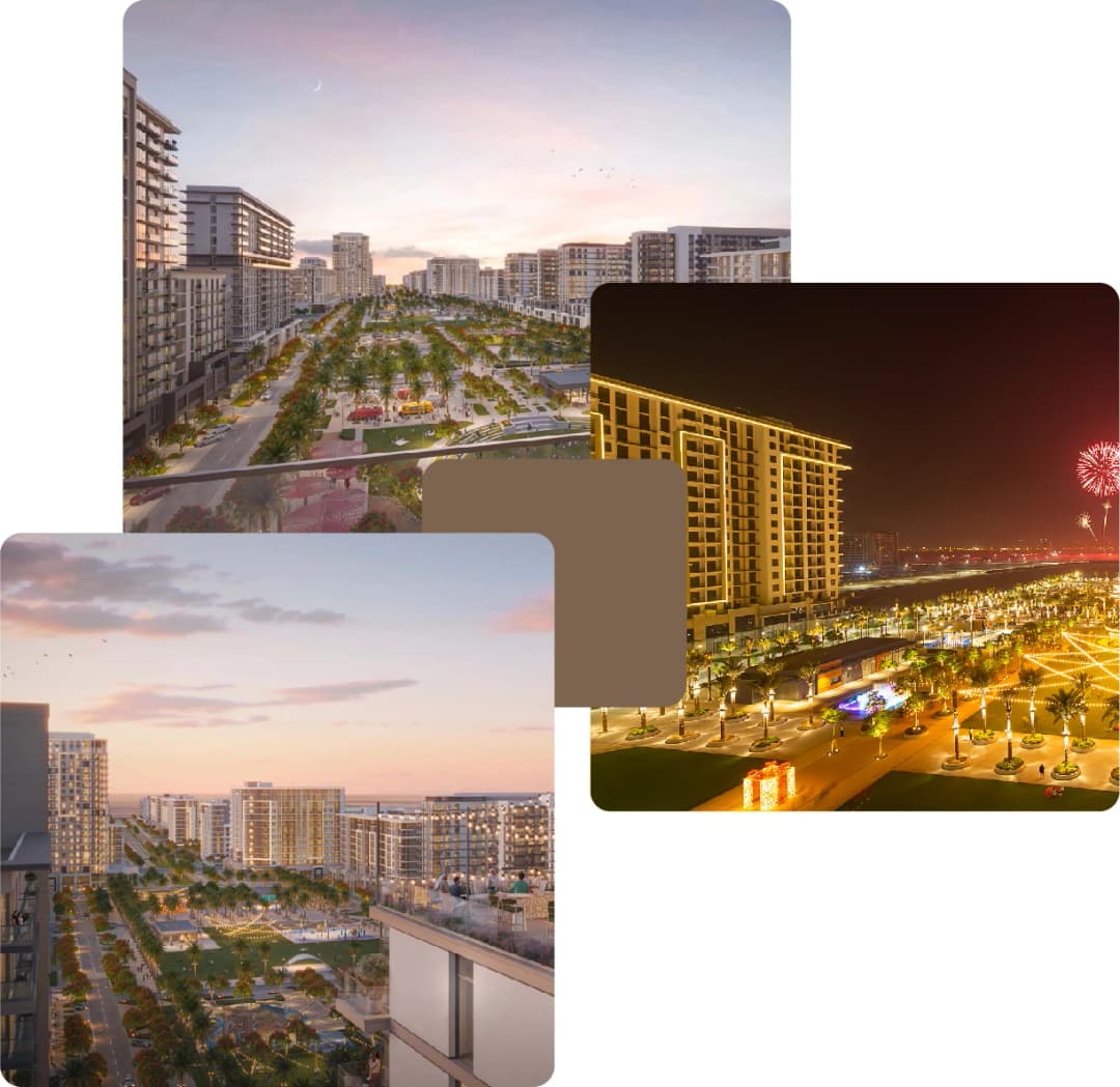 Night and sunset aerial views of urban layout