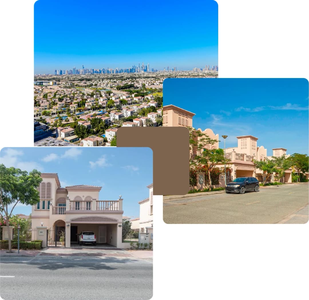 Wide aerial view of villas and city skyline