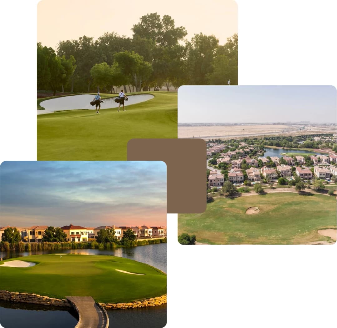 Golfers, villas, and fairways in evening light