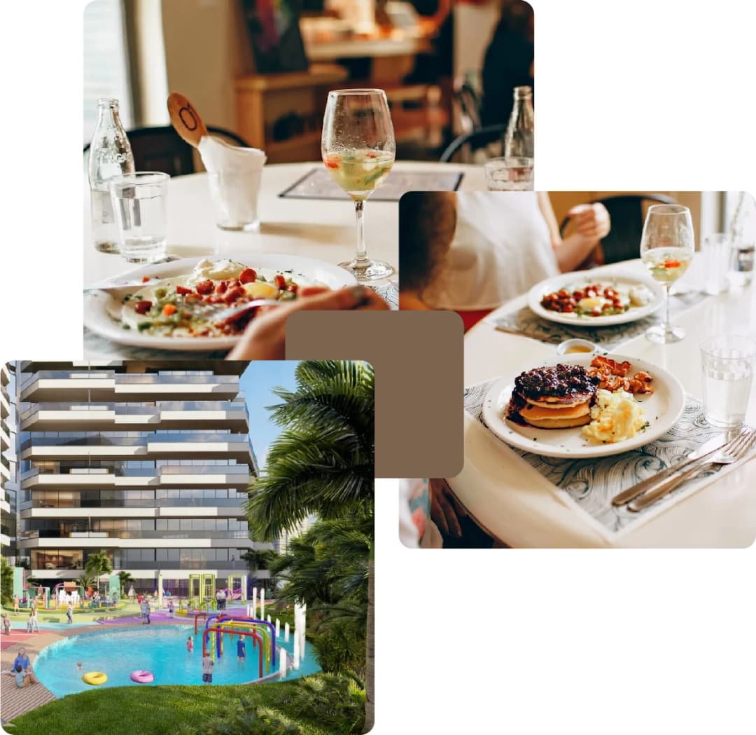 Dining scenes and apartment with kids’ pool