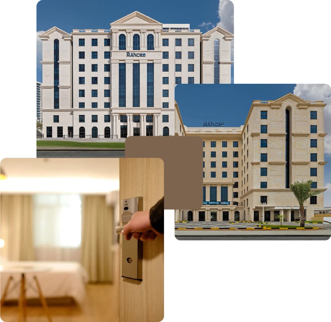 Elegant hotel buildings and cozy room interiors