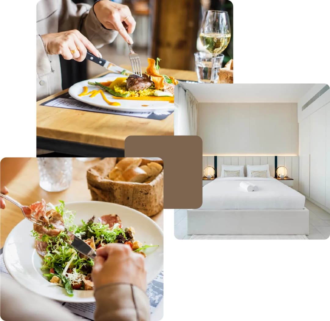 Fine dining plates and cozy hotel bedroom suite