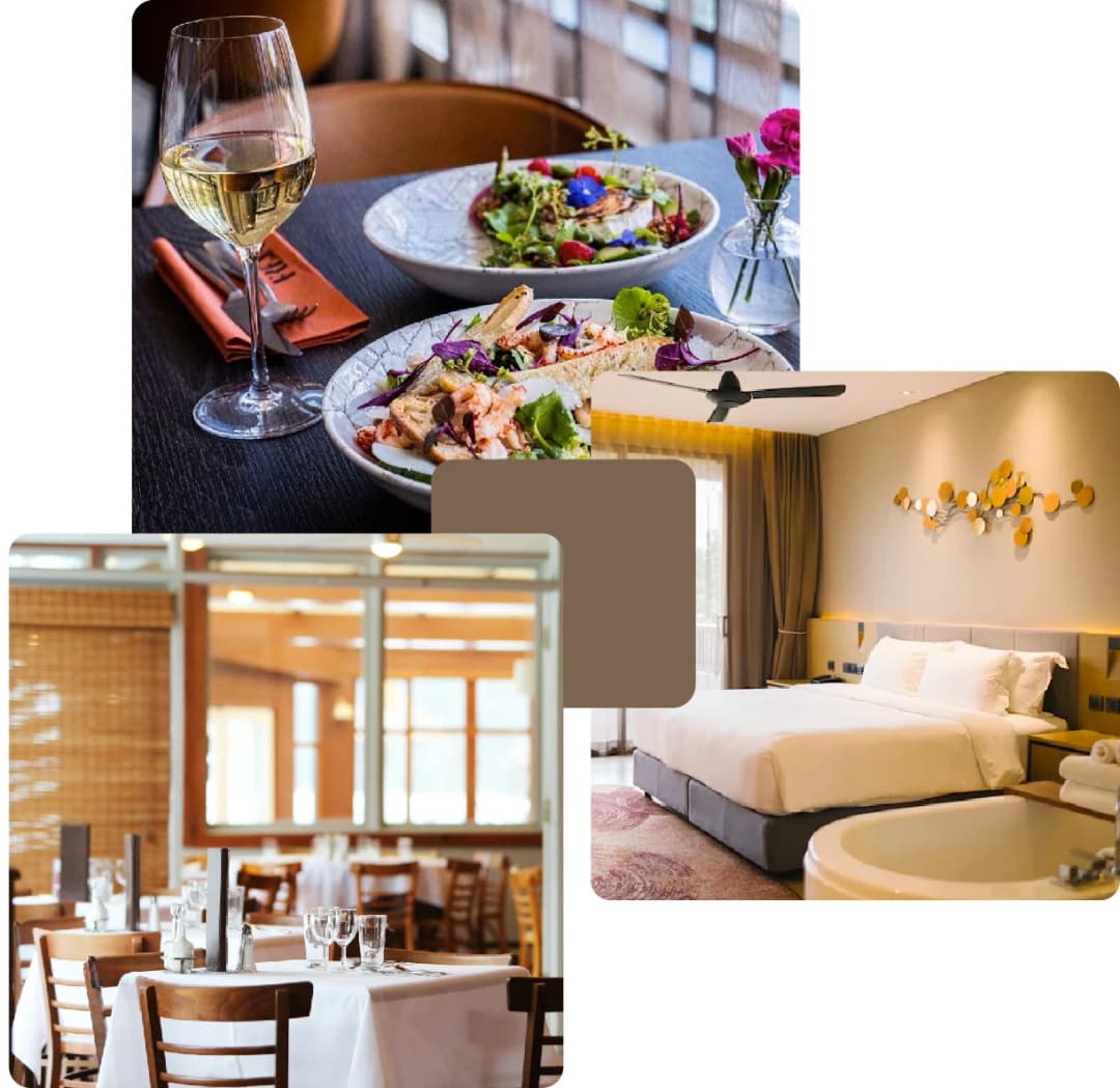 Elegant dining setups and cozy hotel room view
