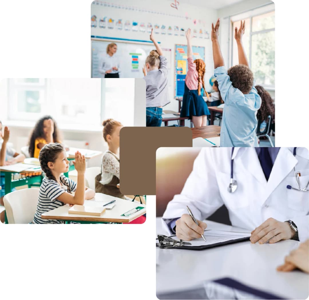 Children learning in school, doctor taking notes
